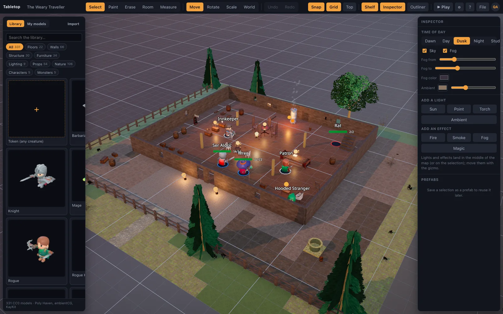 The Tabletop editor: a candlelit tavern scene in 3D with the asset shelf and inspector open
