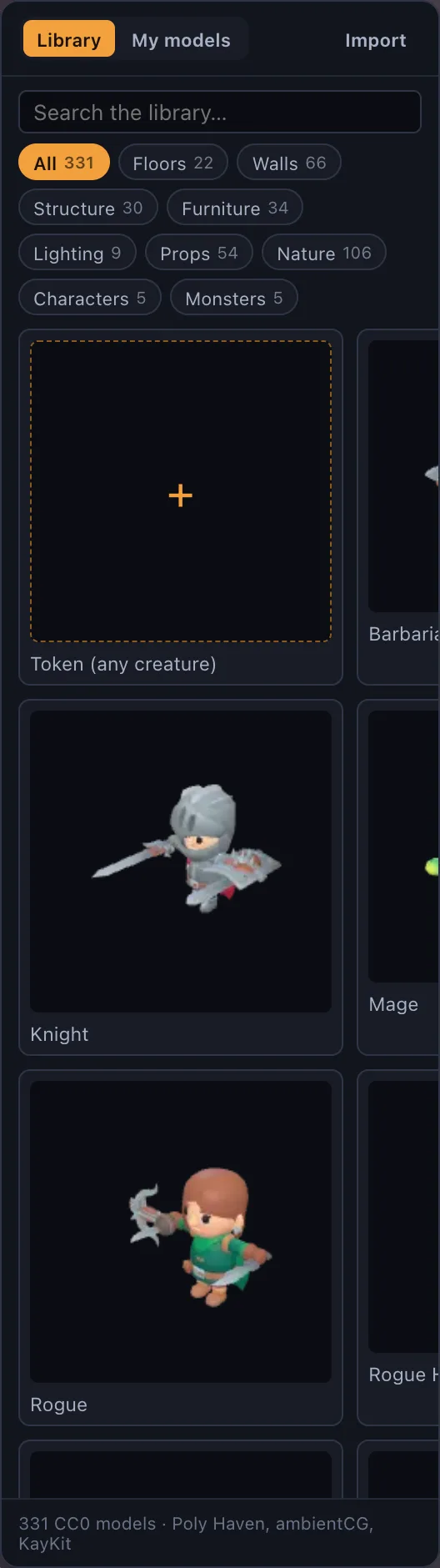 The asset shelf with photoscanned props, furniture and lights